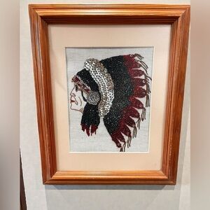 Mid century kitsch Native American Chief wall art beaded sequined fiber framed